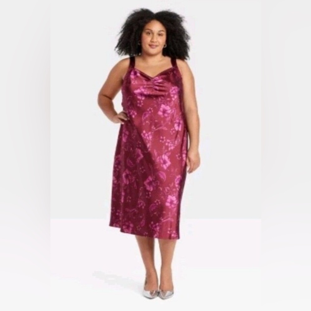 Ava & Viv 1X Deep Pink Hawaiian Floral Satin Slip Midi Dress
